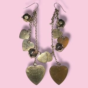 Big Gold Tone Heart Dangle Earrings Vintage 4"